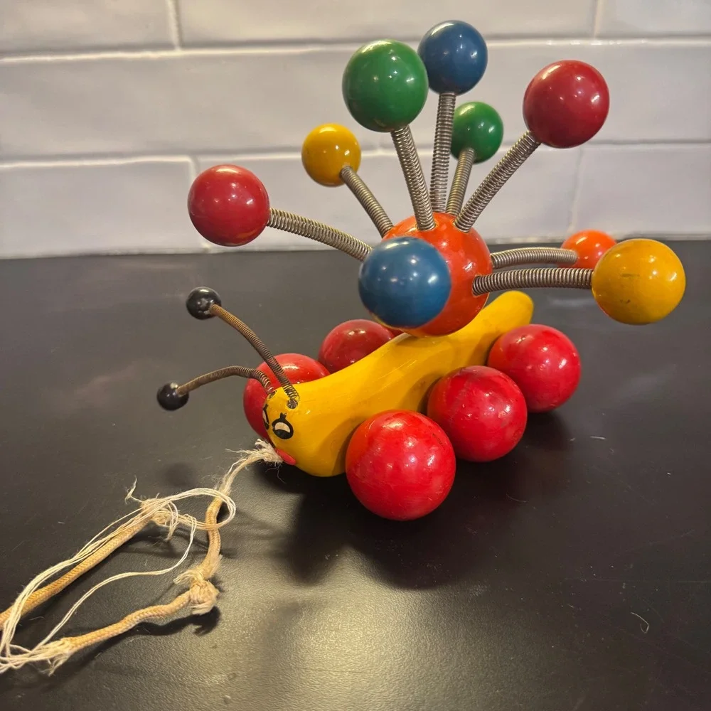 Vintage Wooden Caterpillar Pull Toy Multicolor Mid Century Modern Spring Bug